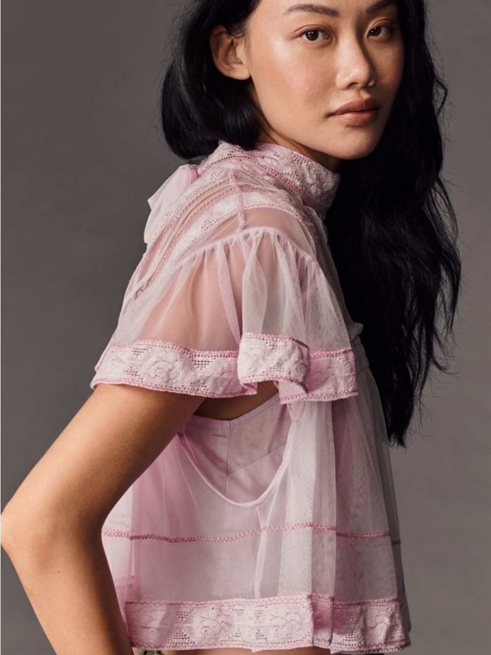 Anthropologie Light Pink Mesh Lace Swing Blouse